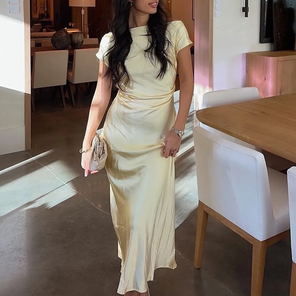 Here Comes The Sun Dresses & Skirts - NWT Here Comes the Sun Butter Yellow Elegant Satin Maxi Dress